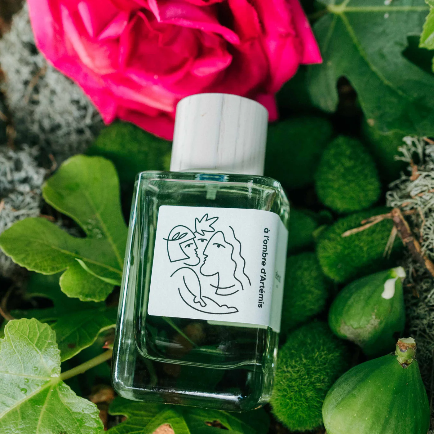 Au centre le flacon d'eau de parfum A l'ombre d'Artémis de la marque Hellenist entouré des éléments qui le compose : rose, vétiver, mousse de chêne