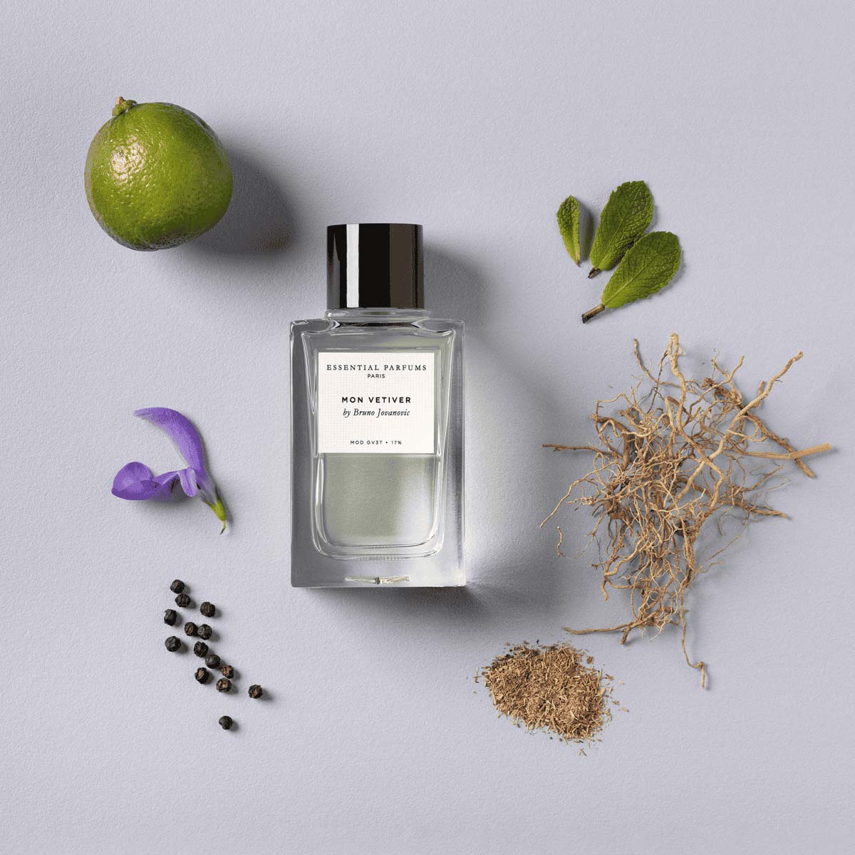 Le flacon de Mon Vetiver de la marque Essential Parfum au centre entouré des arômes qui le composent : vétiver, citron vert, menthe et bois de gaïac