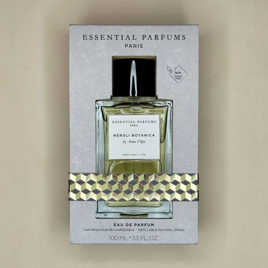 Le flacon de Néroli Botanica dans son packaging de la marque Essential Parfum est disponible en 100ml rechargeable et en 10ml